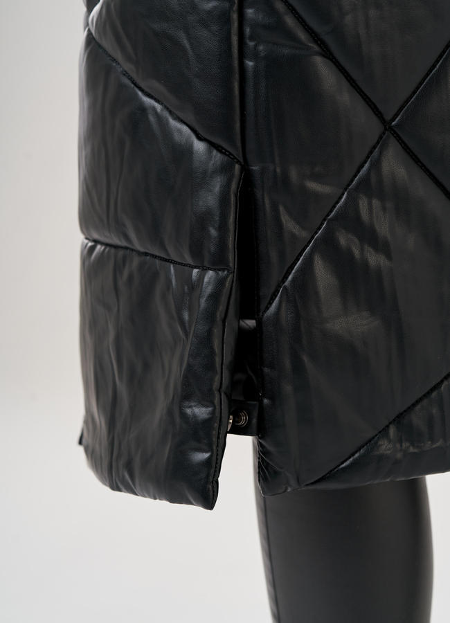 Черный длинный пуховик из эко кожи Malina Siberian модель № 79130 универмаг малина