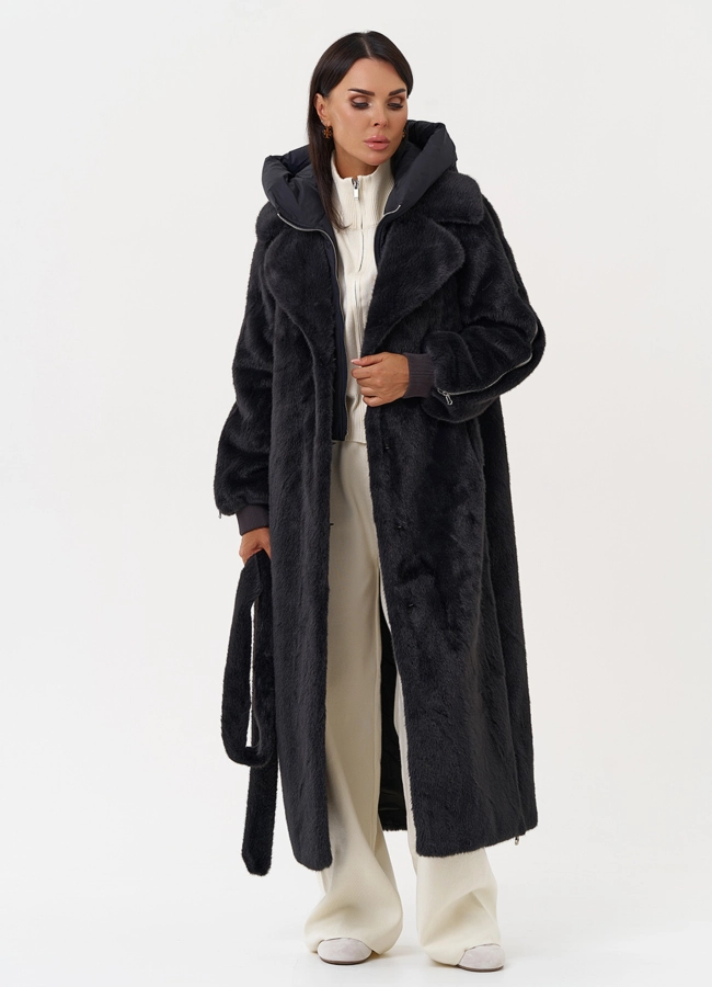 Длинная женская шуба из эко меха в цвете графит модель № 31236 универмаг малина