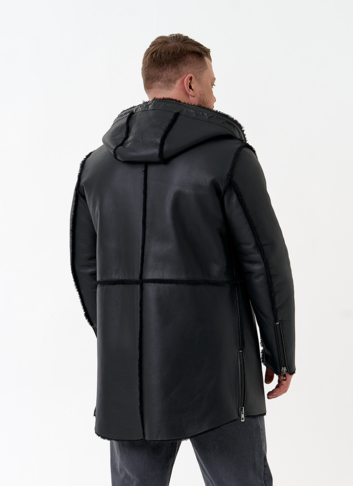 Мужская натуральная дубленка с капюшоном