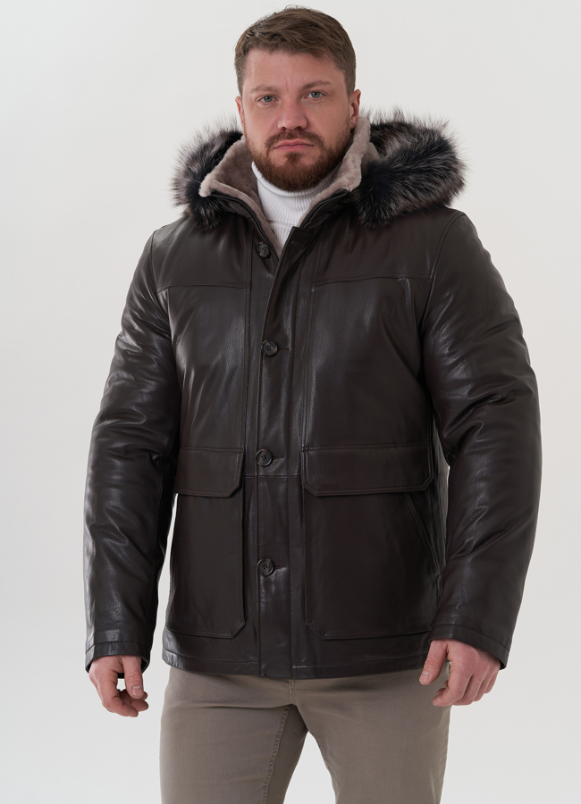 Пуховик из натуральной кожи с капюшоном модель № 26230 меха малина