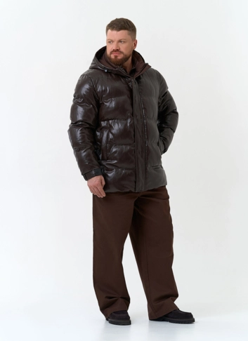 Мужской пуховик из эко кожи с капюшоном фото