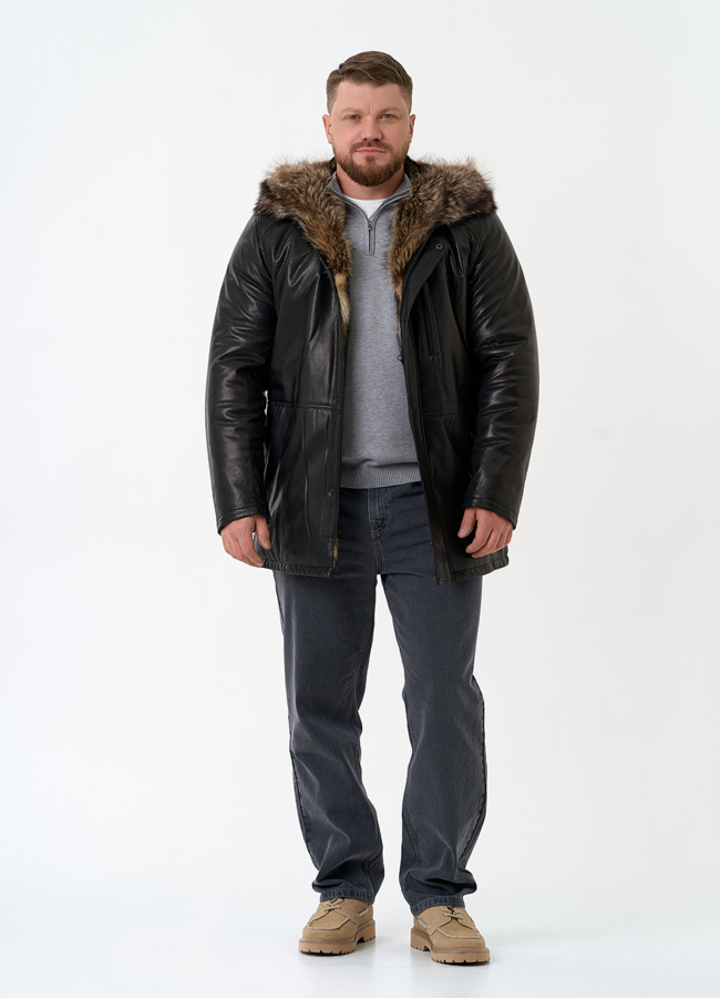 Мужская натуральная дубленка на волке с отделкой из меха енота модель № 26231 универмаг малина