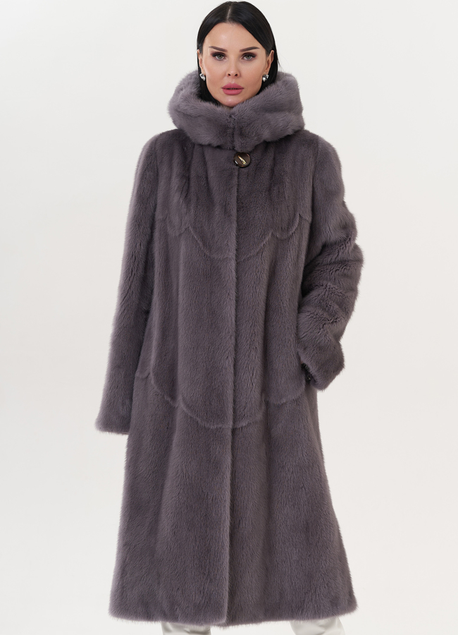 Шуба из норки с капюшоном модель № 26122 меха малина