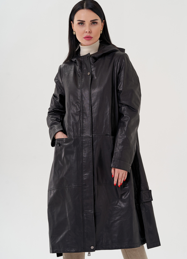 Длинный кожаный плащ с капюшоном модель № 24094 универмаг малина