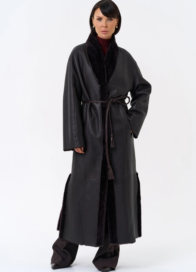 Женская двухсторонняя дубленка с декоративным поясом модель № 31853 в кредит