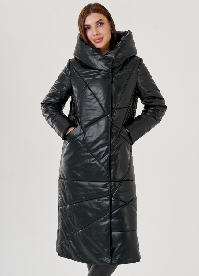 Черный длинный пуховик из эко кожи Malina Siberian модель № 79130 универмаг малина