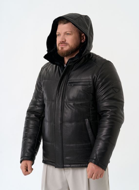 Мужской пуховик из натуральной кожи с капюшоном