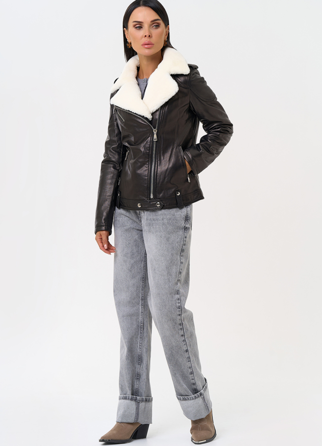 Утепленная кожаная куртка с мехом модель № 75330 универмаг малина