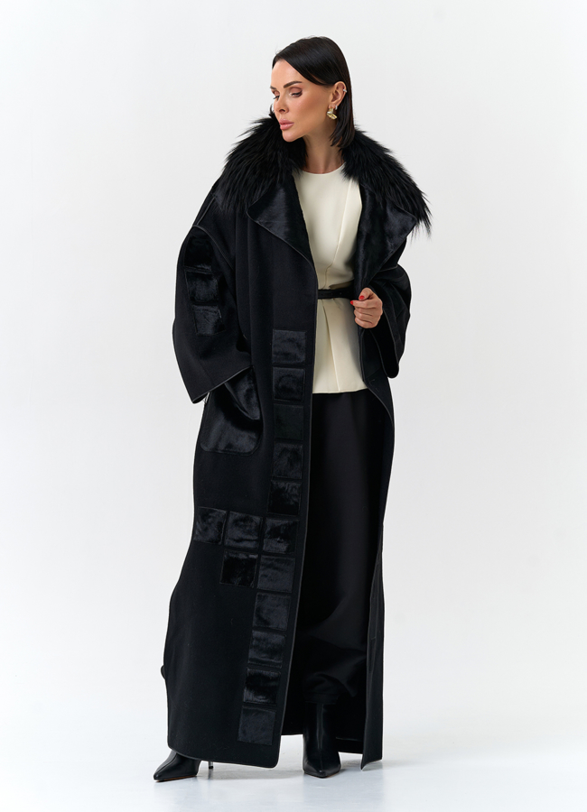 Женское длинное пальто с отделкой из меха лисы модель № 32649 универмаг малина