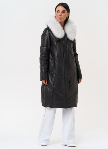Длинный пуховик из натуральной кожи
