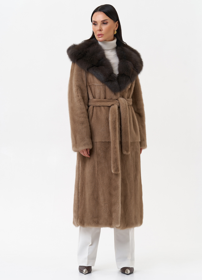 Длинная шуба из норки с куницей модель № 29531 универмаг малина