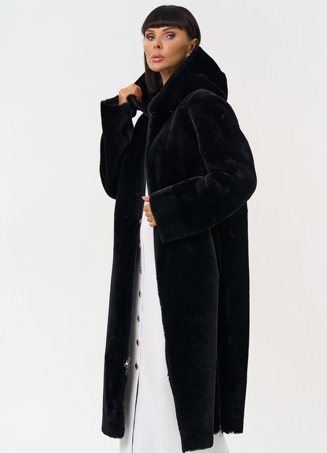 Натуральная двухсторонняя дубленка с капюшоном модель № 28957 универмаг малина