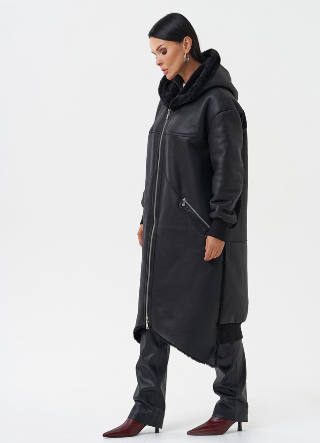 Натуральная дубленка с капюшоном модель № 28701 в кредит