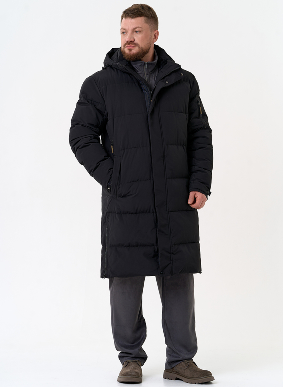 Мужской удлиненный пуховик с капюшоном