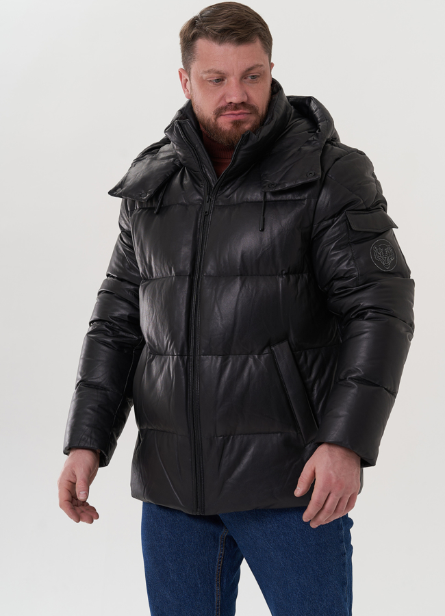 Пуховик из натуральной кожи с капюшоном модель № 25996 меха малина