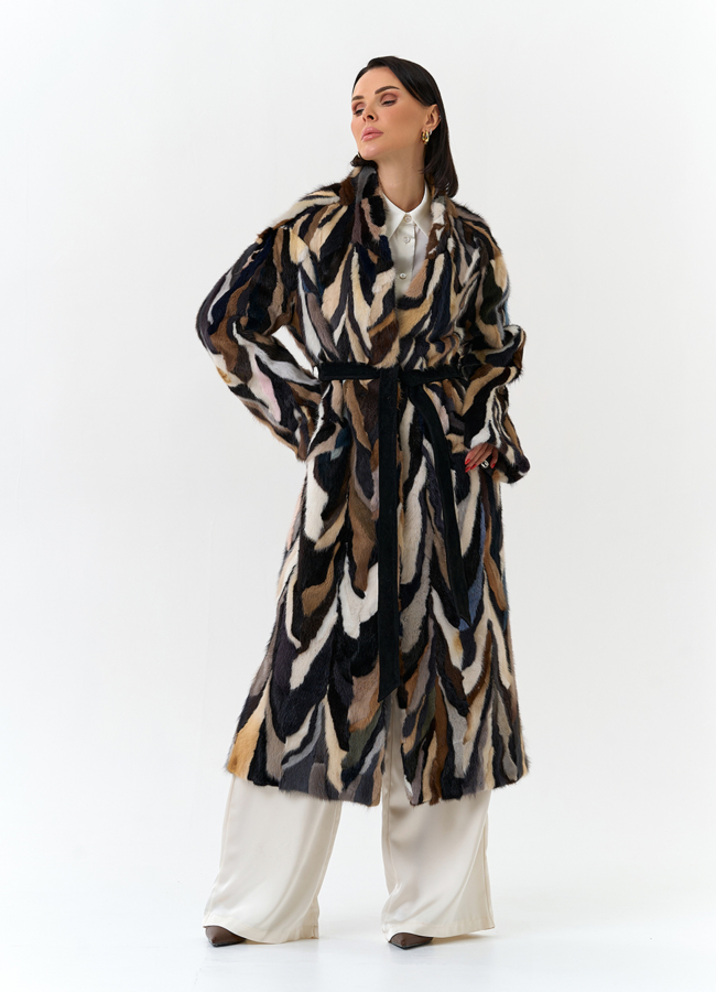 Шуба из норки в стиле пэчворк модель № 31298 меха малина