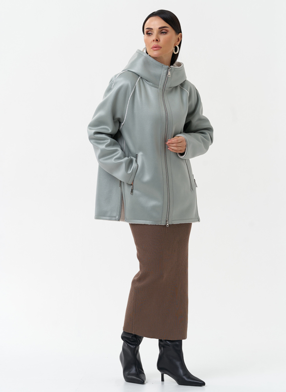 Женская дубленка из эко замши с капюшоном