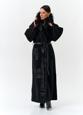 Женское длинное пальто с отделкой из меха лисы