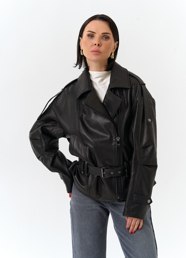 Женская куртка из натуральной кожи с поясом модель № 32678 меха малина