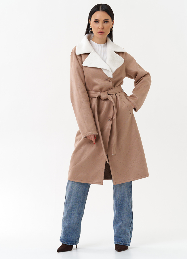 Пальто женское из эко замши с английским воротником модель № 29981 меха малина