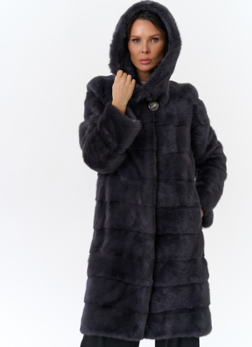 Норковая шуба в цвете графит с капюшоном 