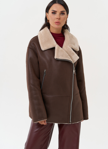 Женская дубленка из эко замши с воротником