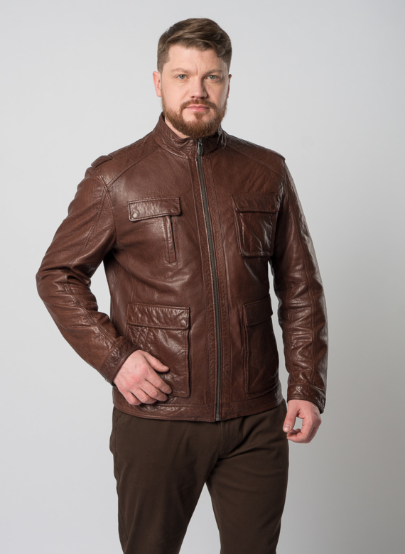 Мужская кожаная куртка коричневого цвета