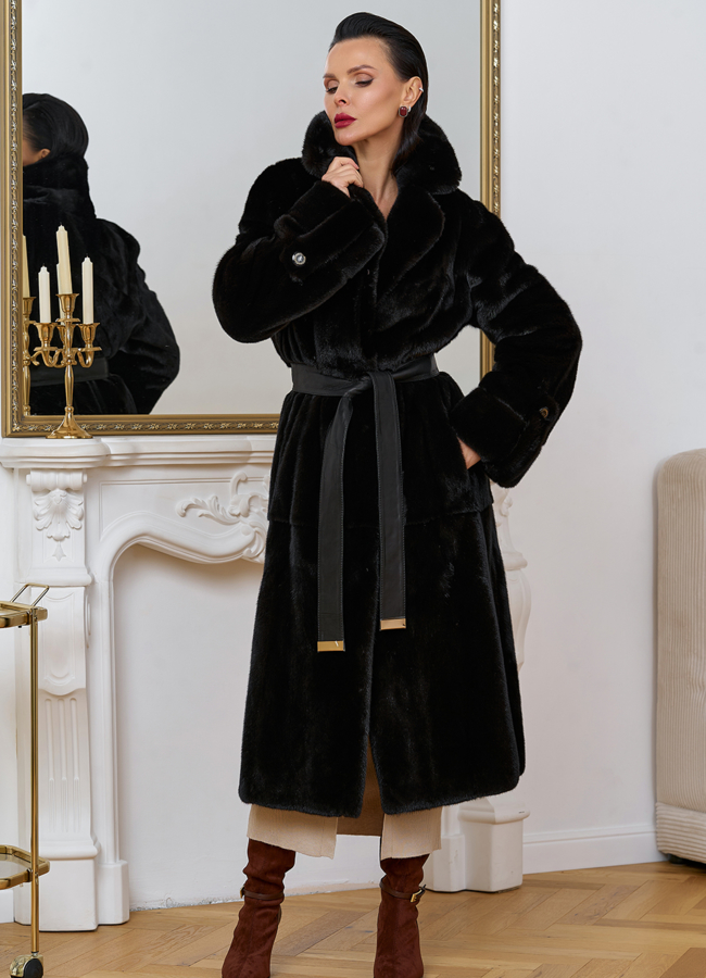 Женская шуба из меха норки blackglama с поясом модель № 31634 меха малина