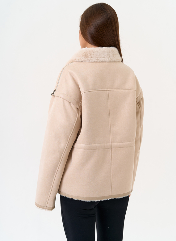 Женская дубленка из эко замши с отложным воротником