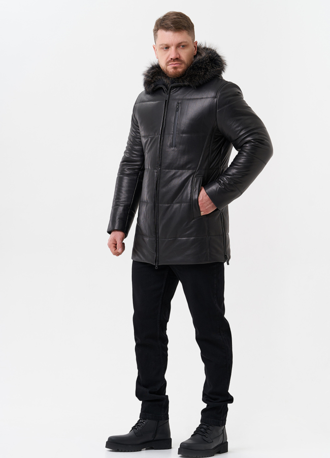 Пуховик из натуральной кожи с отделкой из меха енота модель № 25458 универмаг малина