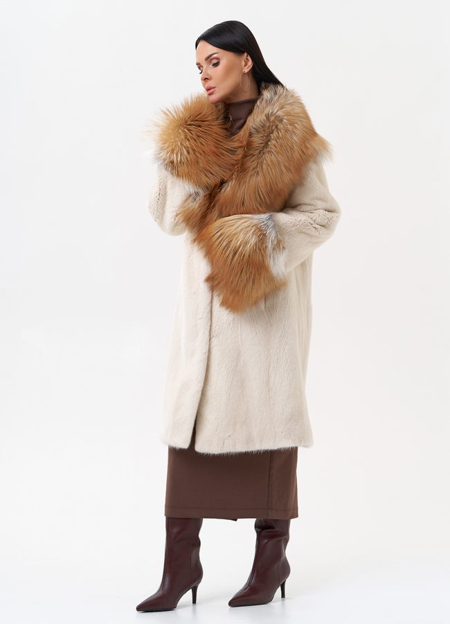 Норковая шуба с отделкой из меха лисы модель № 29542 в рассрочку