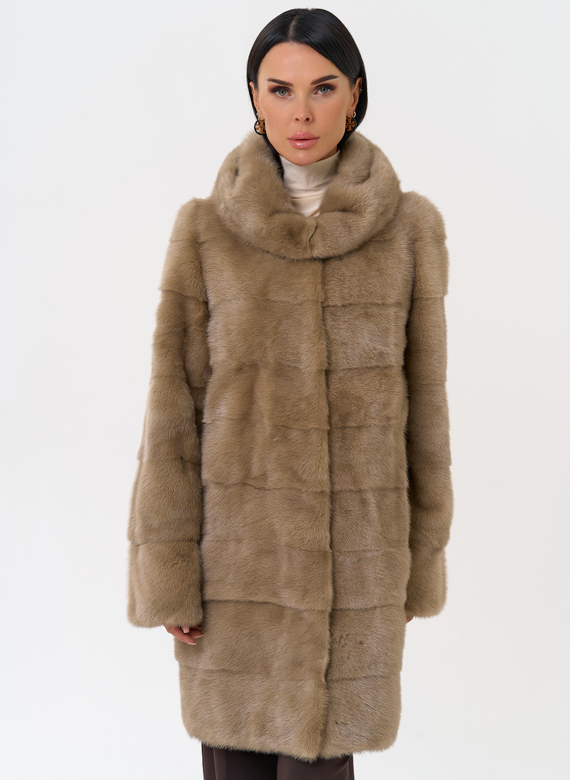 Поперечная норковая шуба с капюшоном