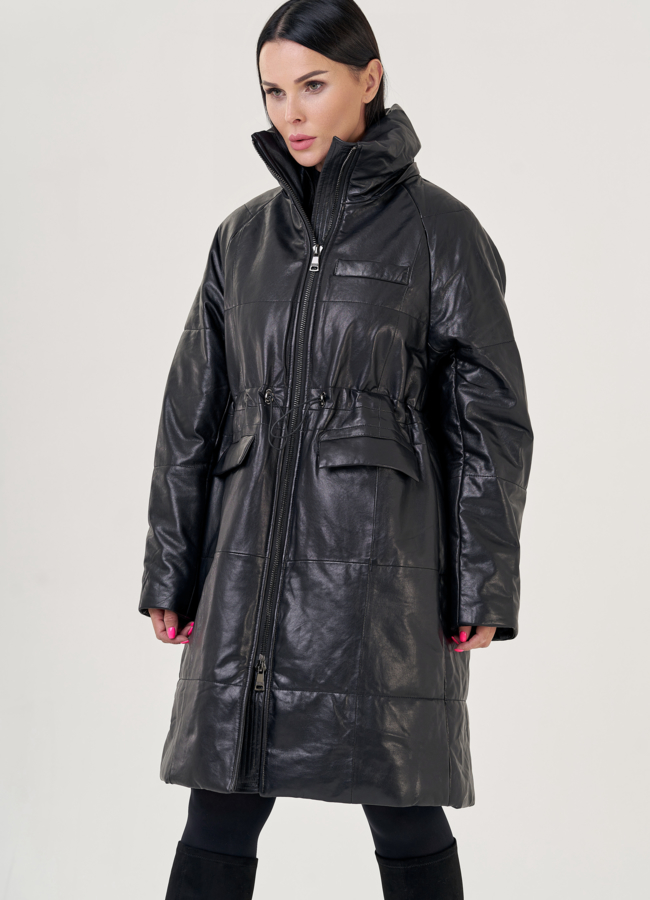 Кожаный пуховик с капюшоном черного цвета  модель № 23265 в рассрочку