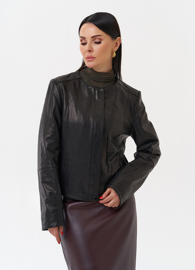 Женская кожаная куртка модель № 29909 меха малина