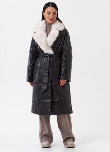 Пуховик из эко кожи с английским воротником