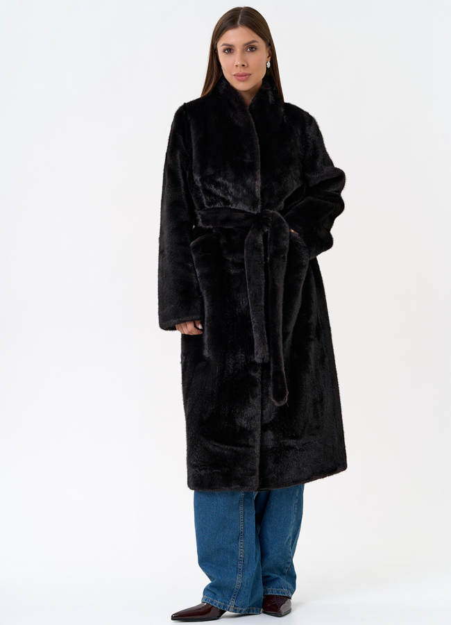 фото Женское пальто из эко меха с воротником шаль модель № 31255