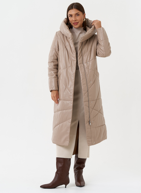 Женский пуховик из эко кожи с поясом