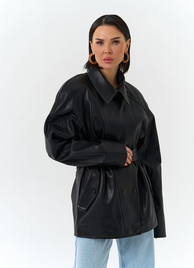 Женская куртка из натуральной кожи  с поясом модель № 32872 универмаг малина