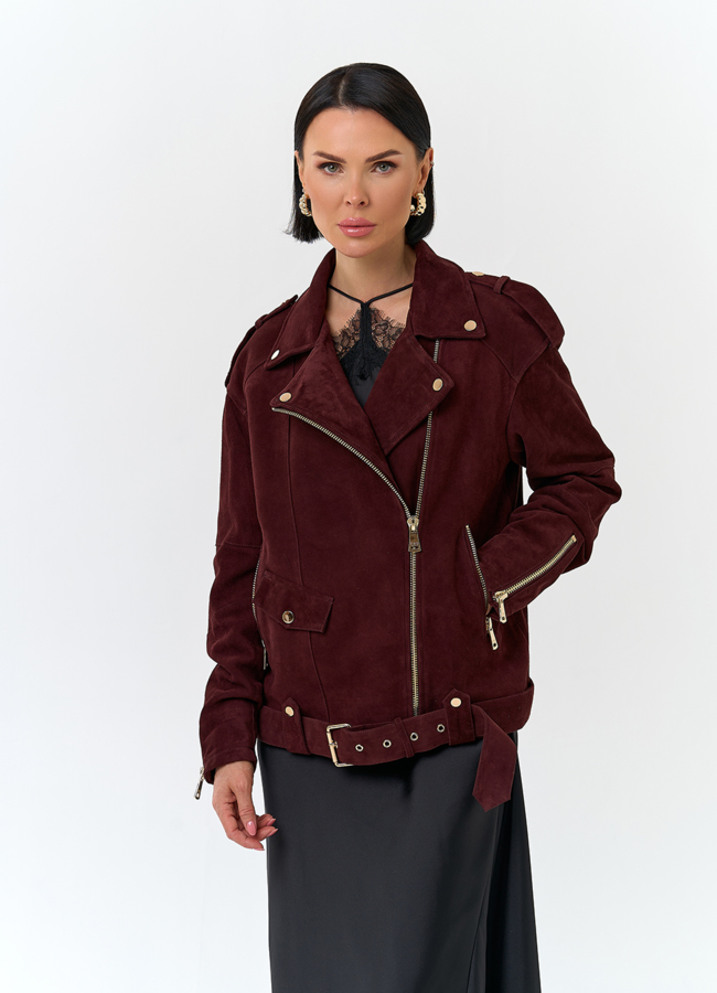 Женская куртка из натуральной замши бордового цвета модель № 32739 меха малина