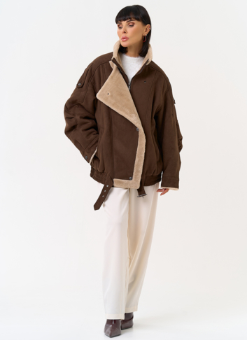 Женский бомбер из эко замши с воротником стойкой