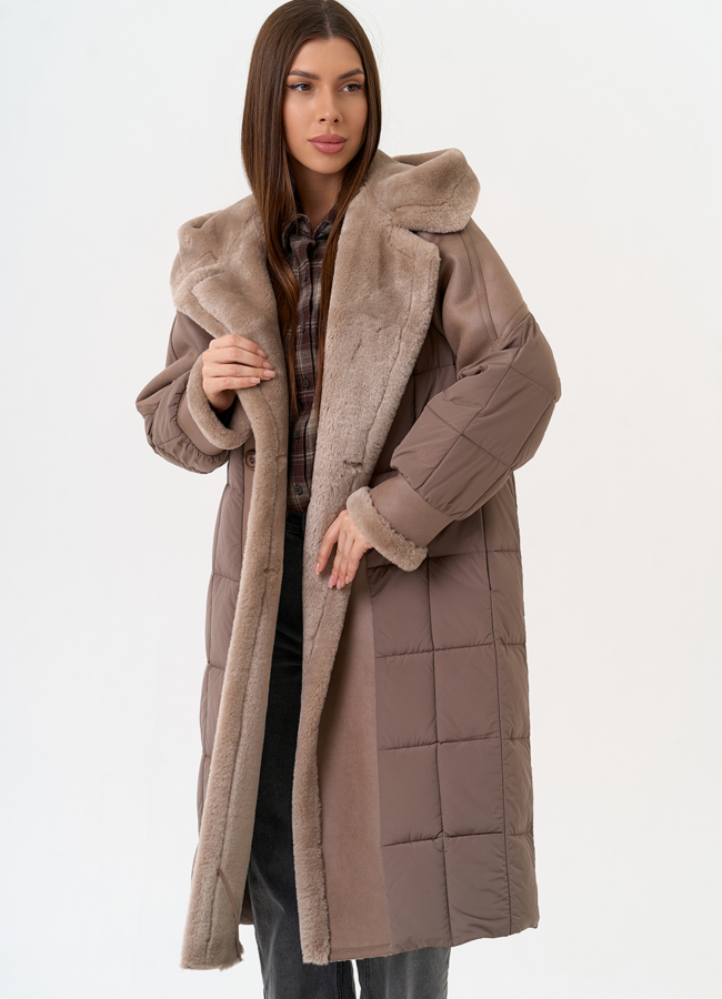 фото Комбинированный пуховик из эко кожи модель № 31693