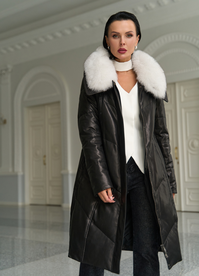 Длинный пуховик из натуральной кожи модель № 31568 в рассрочку