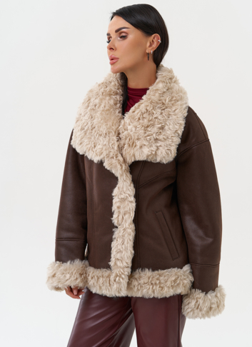 Дубленка из эко замши с высоким воротником