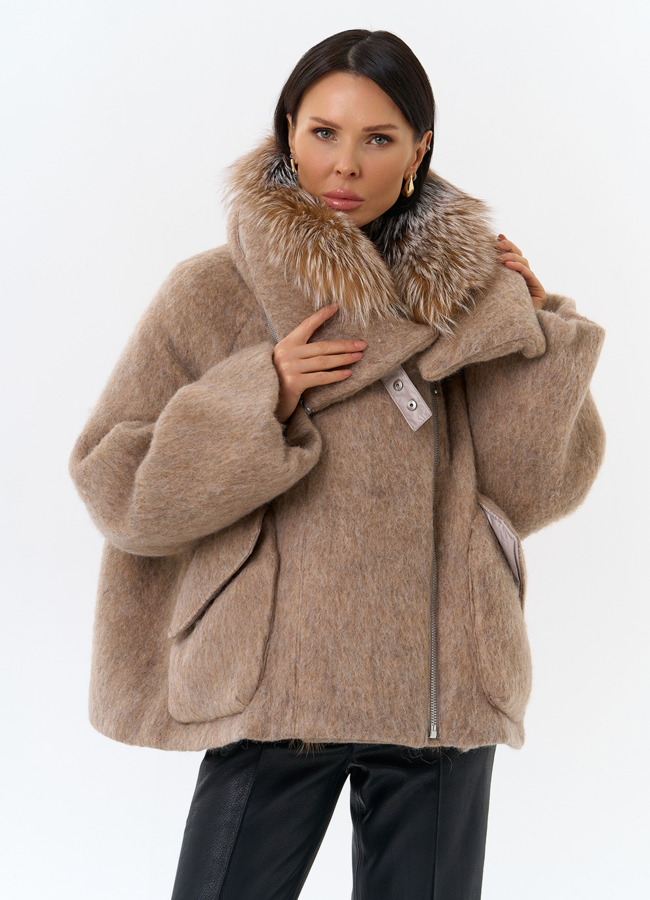 Женский пуховик с отделкой из меха блюфрост модель № 31818 меха малина