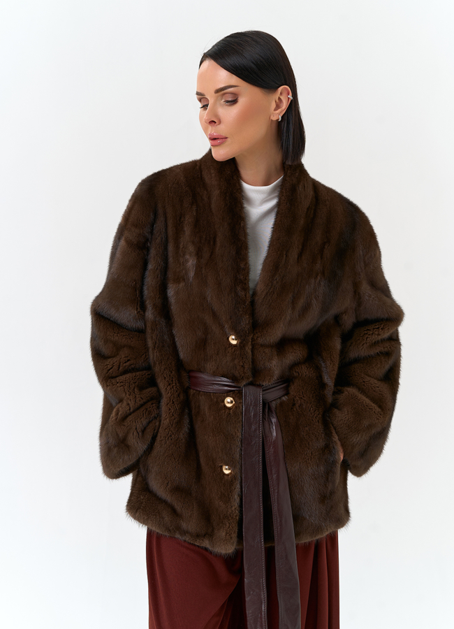 Шуба из меха норки с поясом модель № 32498 универмаг малина