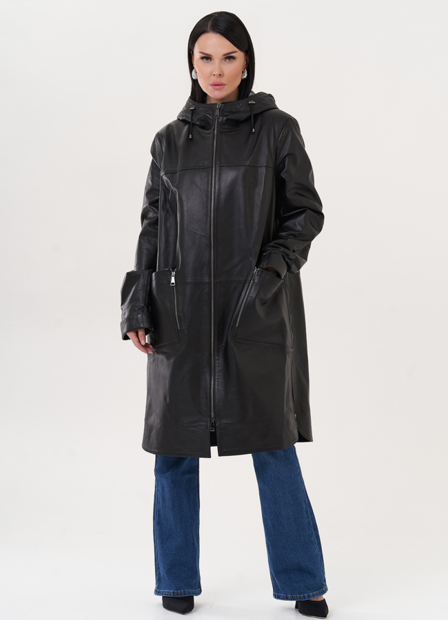 Кожаный плащ с капюшоном модель № 26955 меха малина