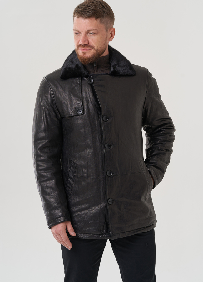 Мужская куртка из натуральной кожи черного цвета  модель № 82304 универмаг малина