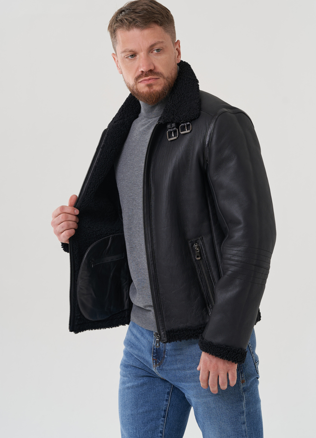 Мужская дубленка черного цвета  модель № 81633 в кредит