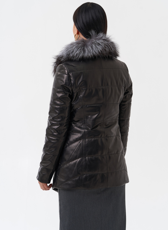 Кожаный пуховик с мехом из чернобурки