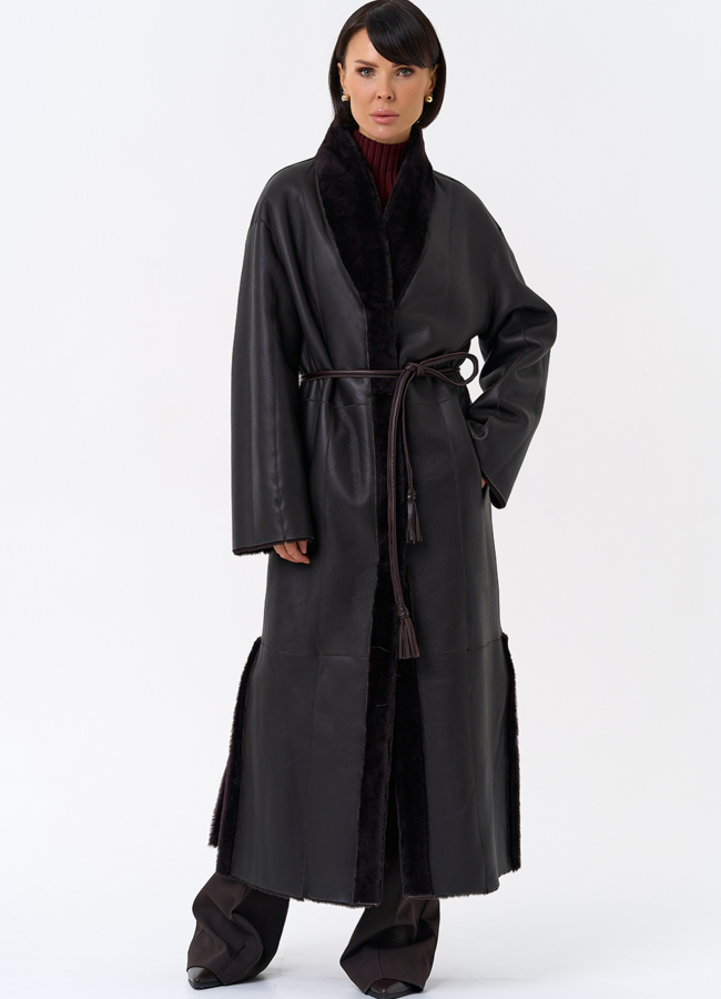 Женская двухсторонняя дубленка с декоративным поясом модель № 31853 в кредит